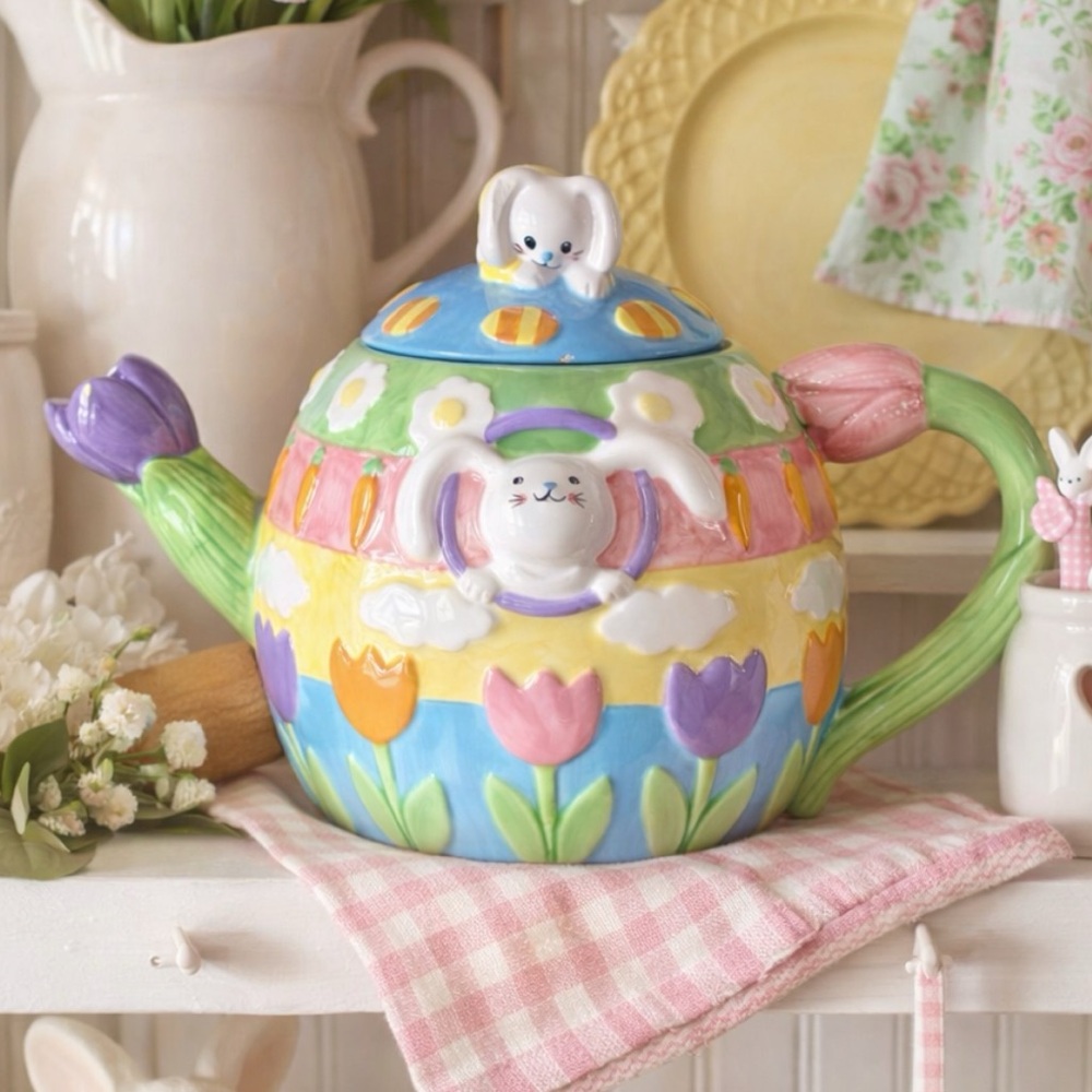 Vintage Easter Bunny Teapot Pastel Tulip Spring Cottagecore Whimsical Decor 90s